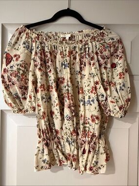 Maje Cream Off-Shoulder Floral Peasant Top